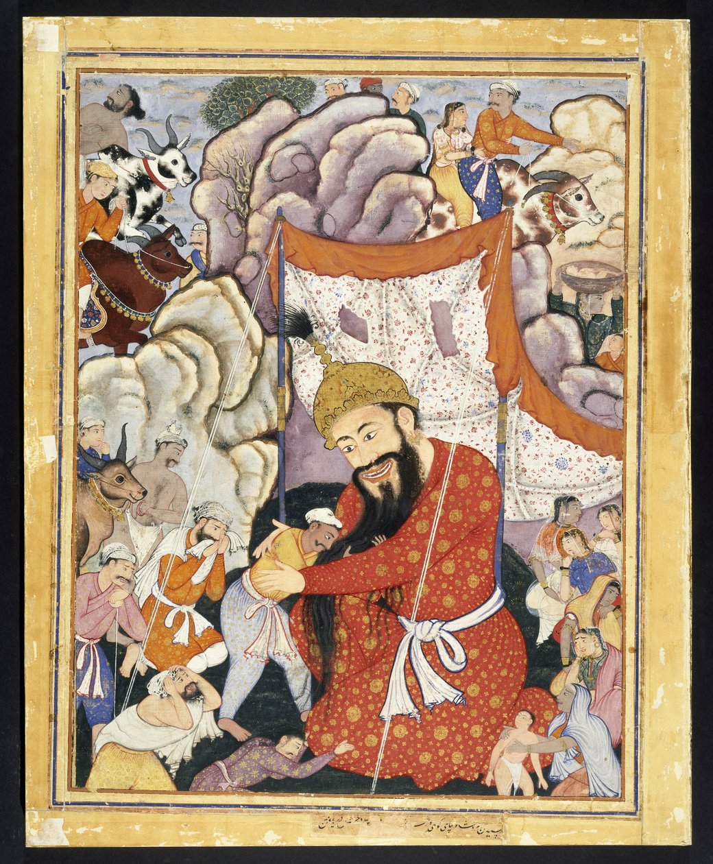 Zumurrud Shah tar tilflukt i fjellene, ca. 1570 (ugjennomsiktig akvarell og gull på bomullsklut) av Indian School