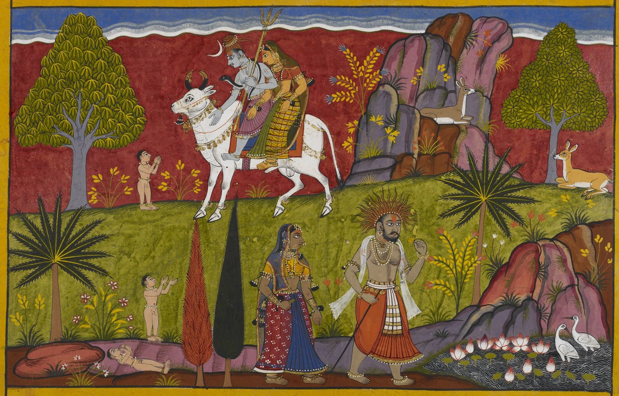 Śiva og Pārvatī gir spedbarnet Sukeśa udødelighet og øyeblikkelig voksen alder av Indian School