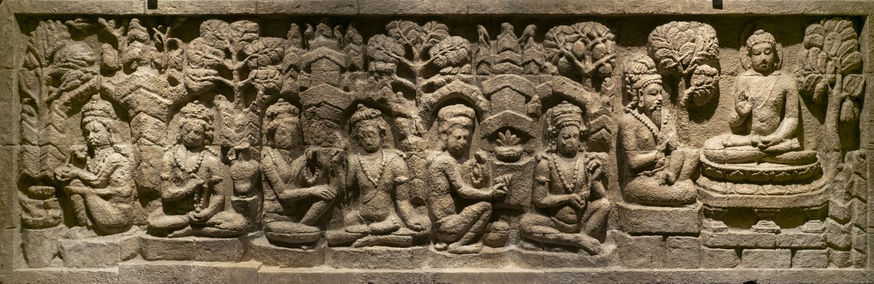 Arada Kalama leverer sin undervisning til den fremtidige Buddha. Indonesia, Java, Boroduru. Slutten av 1800-tallet av Indonesian School