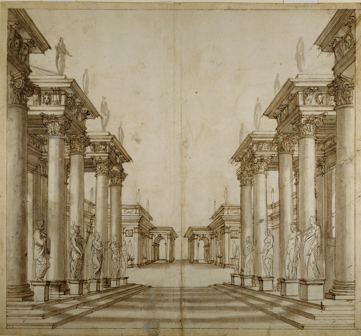 Et romersk atrium (penn og blekk på papir) av Inigo Jones