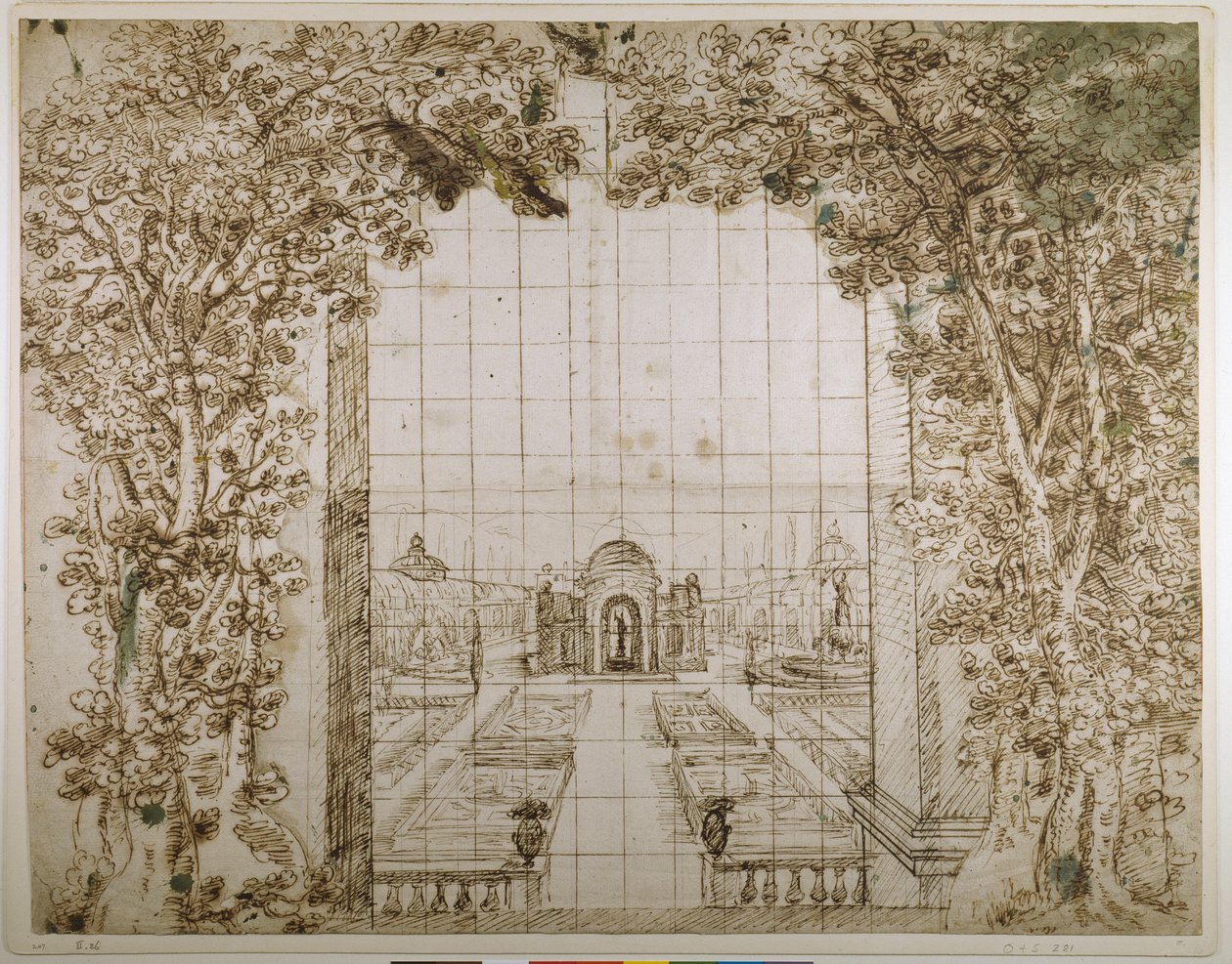 En hage og fyrstelig villa (penn og blekk på papir) av Inigo Jones