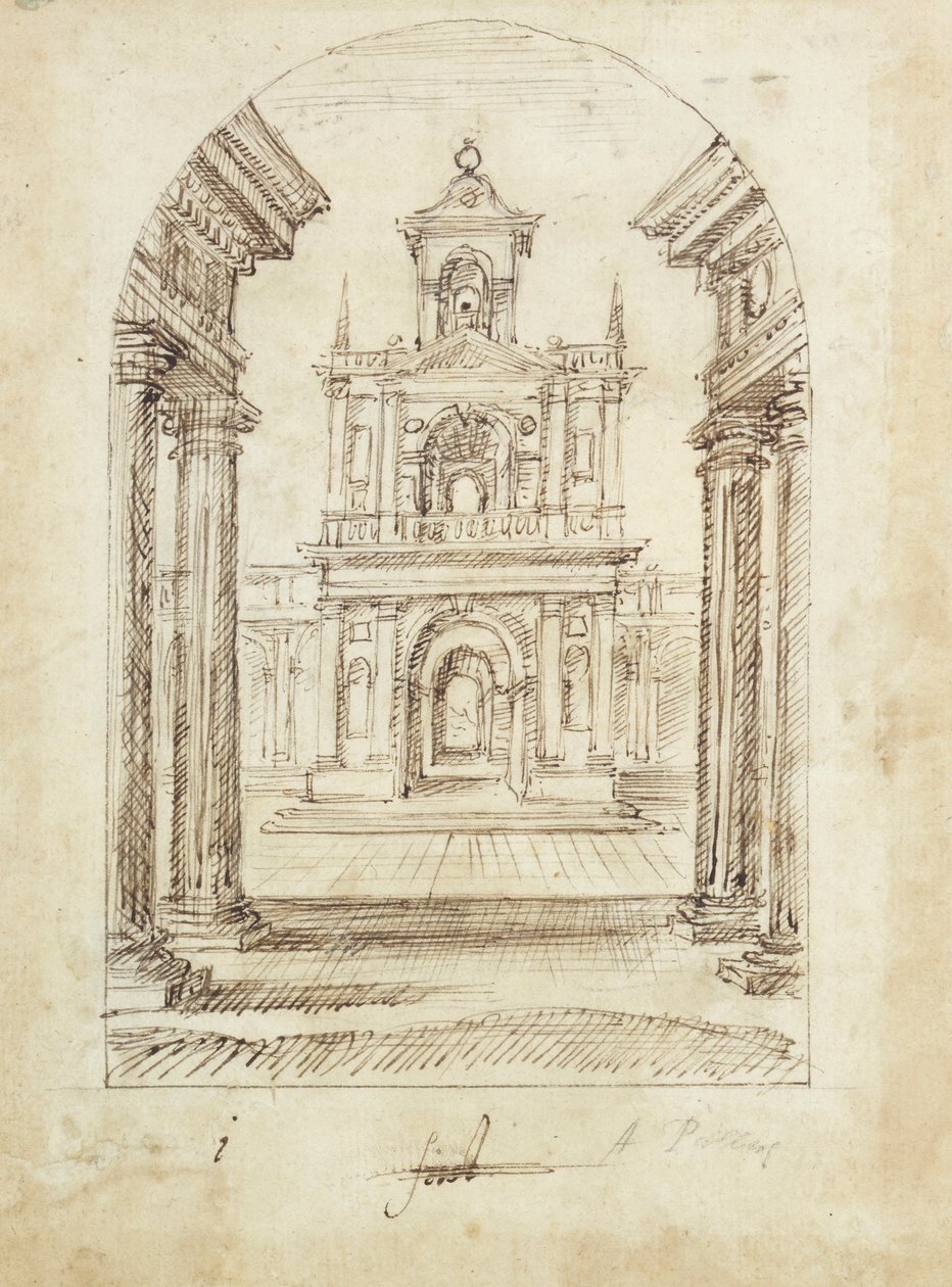 Et palass (penn og blekk på papir) av Inigo Jones