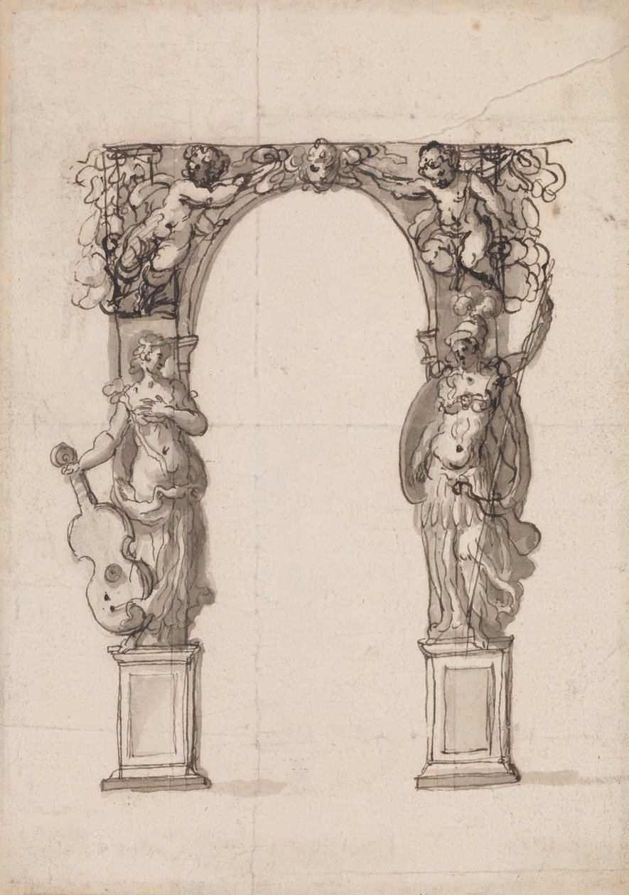 Design for en midlertidig bue dekorert med Putti og allegoriske figurer av musikk og krig av Inigo Jones