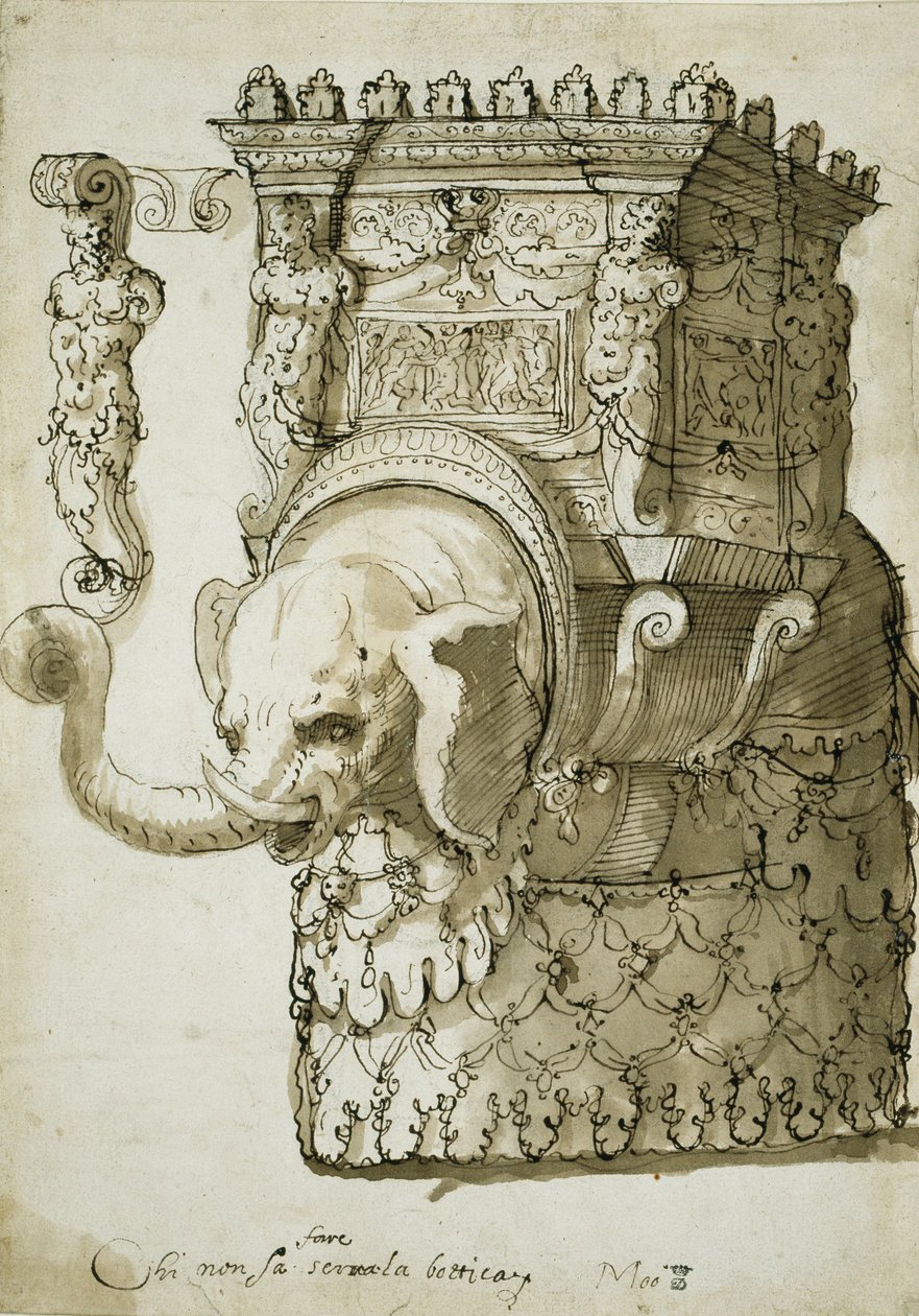 Design for en elefantkonkurranse (penn og blekk på papir) av Inigo Jones