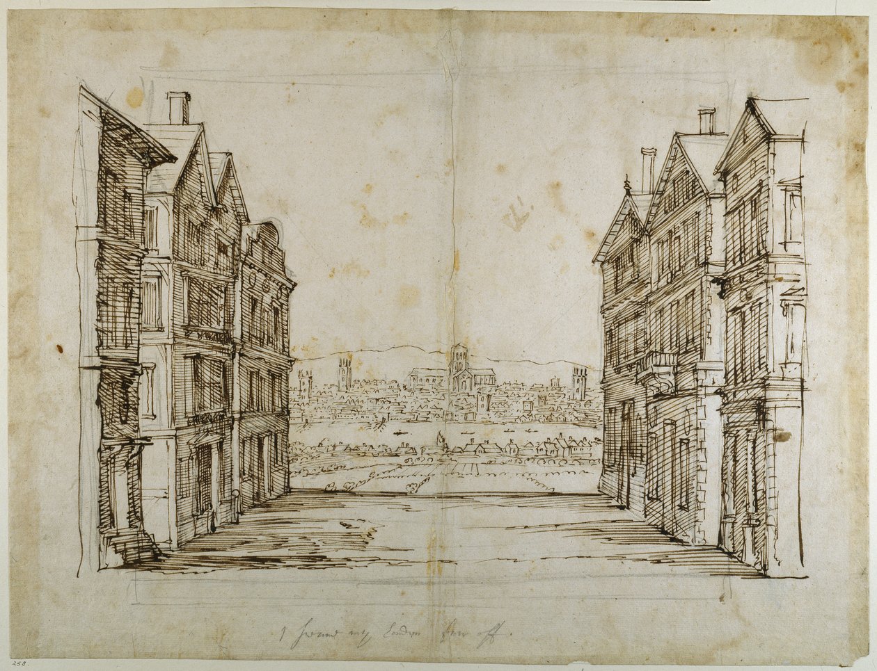 Engelske hus med London og Themsen langt unna (penn og blekk på papir) av Inigo Jones