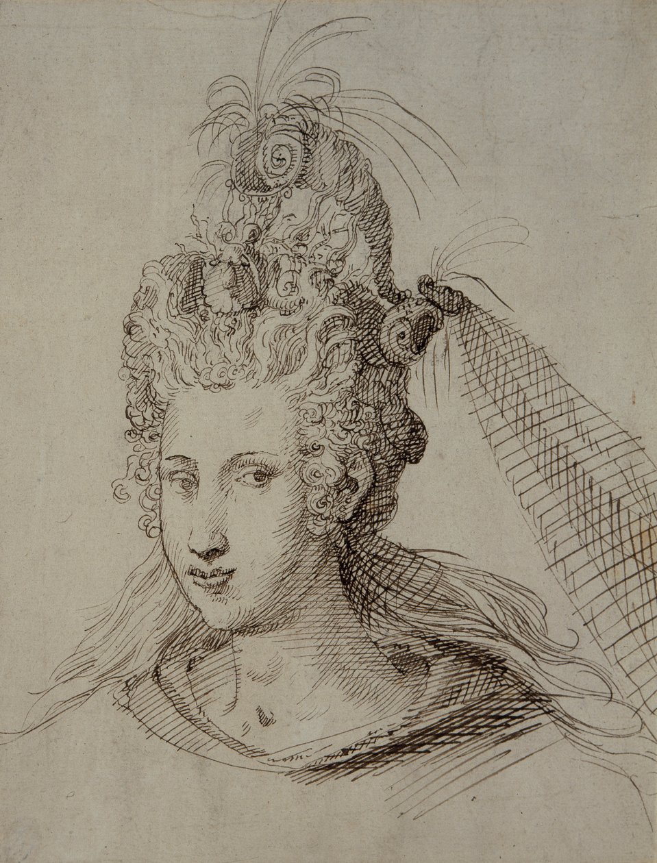Hodeplagg, sannsynligvis for Anne av Danmark (penn og blekk på papir) av Inigo Jones