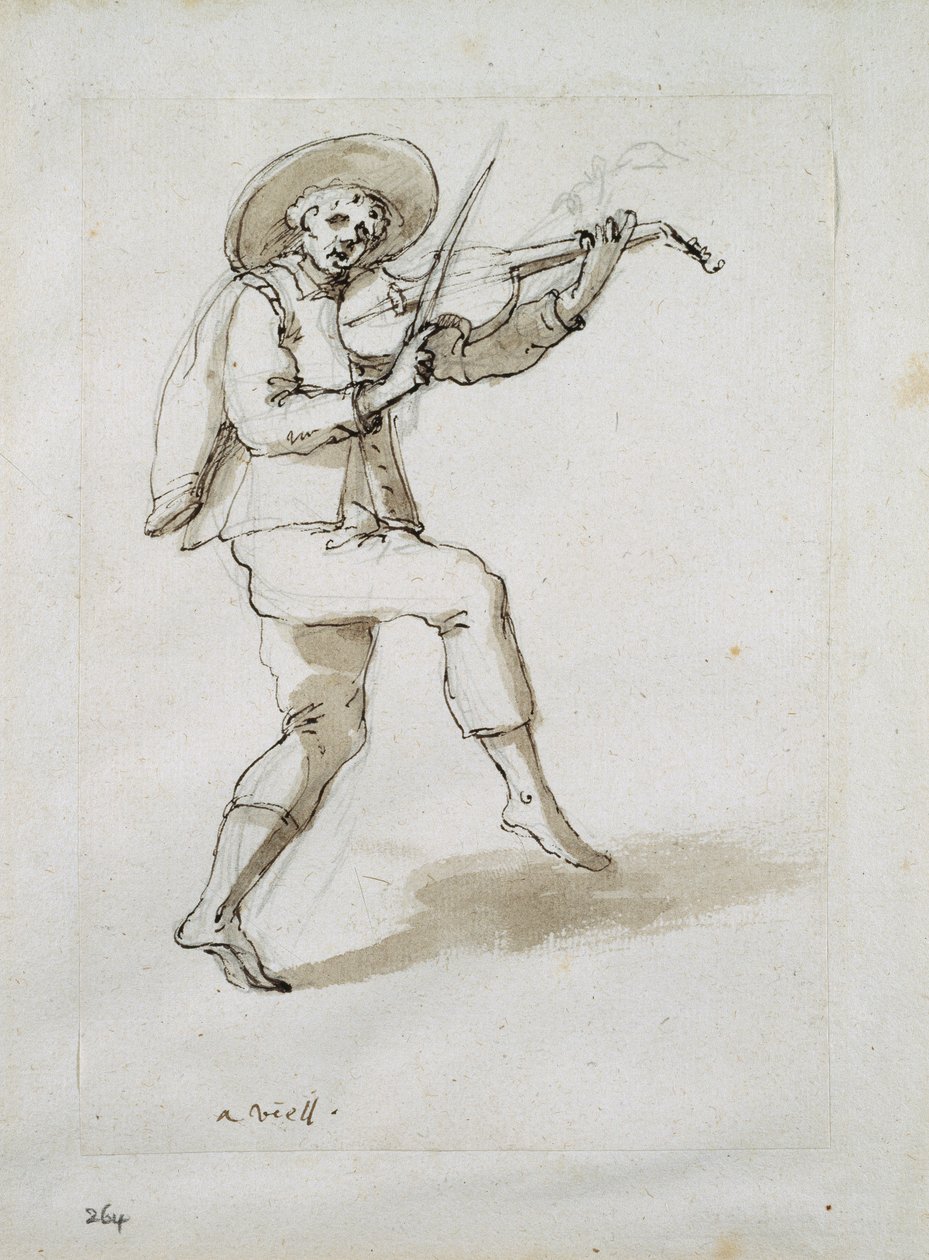 Mann med viol (penn og blekk på papir) av Inigo Jones