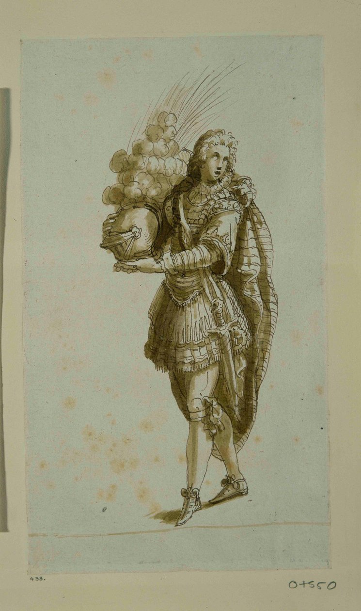 Side med hjelm (penn og blekk på papir) av Inigo Jones