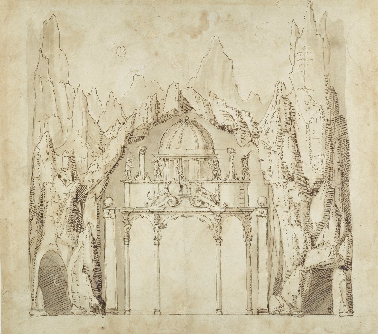 Palass i en hule, ca. 1611 (penn og blekk på papir) av Inigo Jones