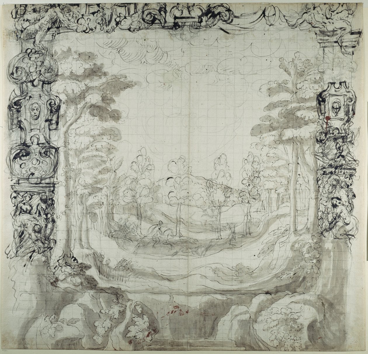 Proscenium og jaktscene (penn og blekk på papir) av Inigo Jones