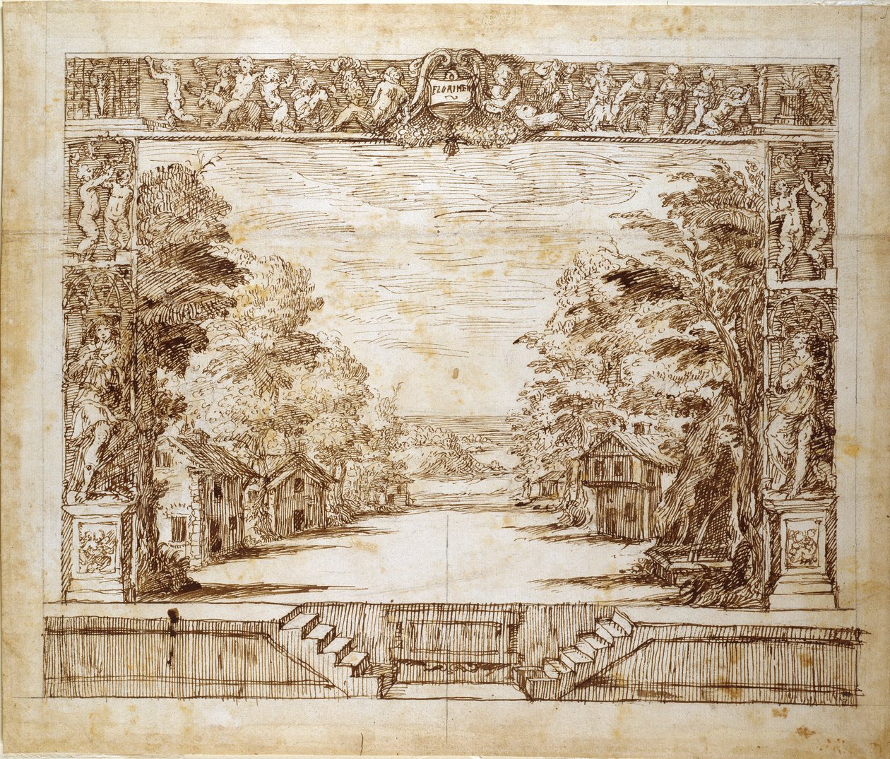 Proscenium og stående scene, ca. 1635 (penn og blekk på papir) av Inigo Jones