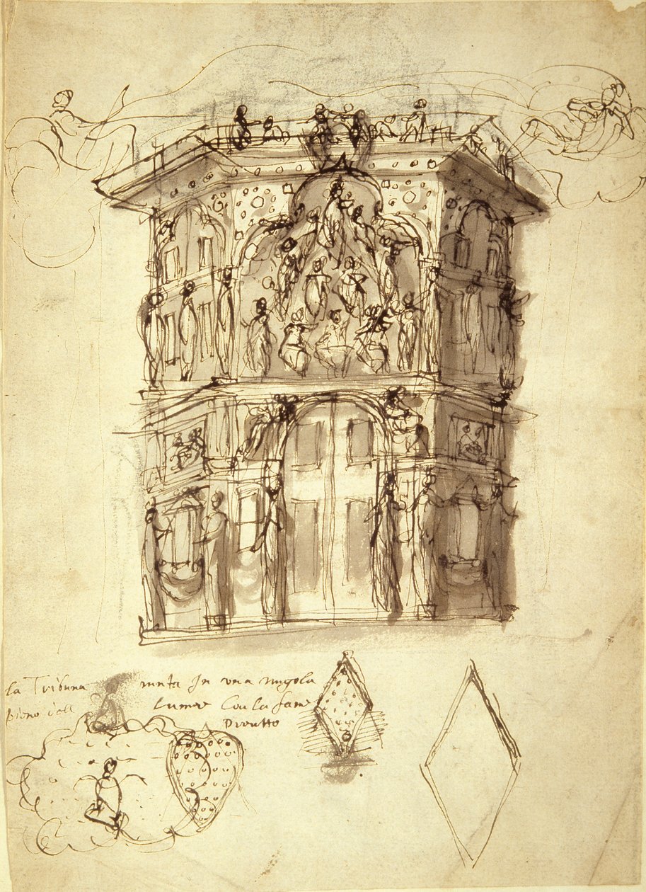 The Masque of Queens, scene 2: House of Fame, ca. 1609 (penn og blekk på papir) av Inigo Jones