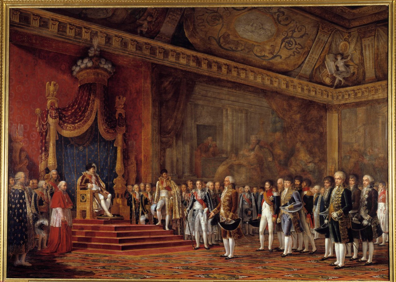 Deputasjonen for det romerske senatet tilbyr hyllest til keiser Napoleon I i tronsalen i Tuileries-palasset, 16. november av Innocent Louis Goubaud
