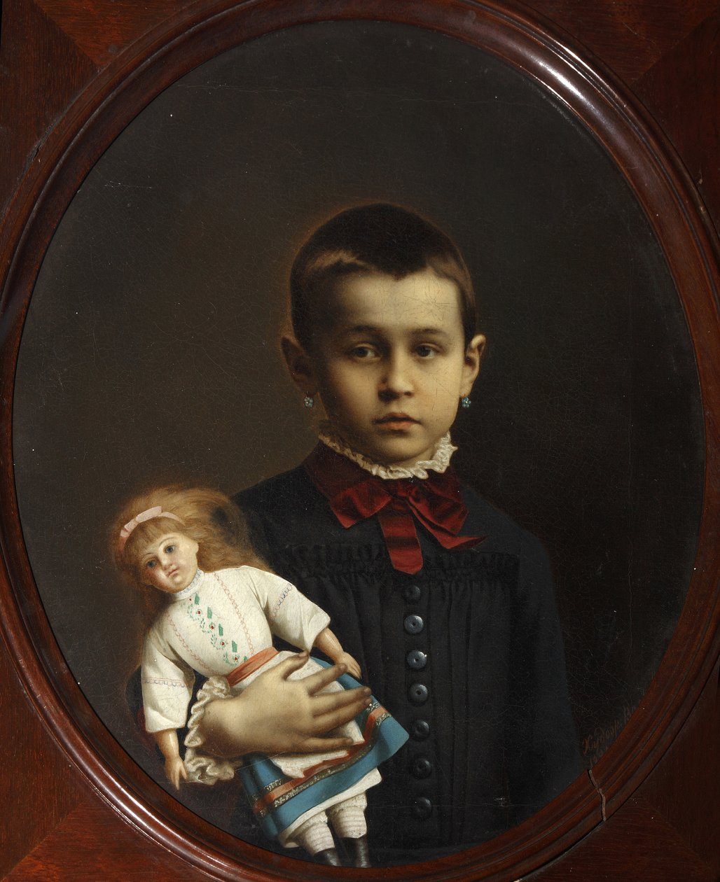 Portrett av en jente med dukke i hånden av Volkov, Iosif Petrovich (1854-etter 1897). Olje på lerret av Iosif Petrovich Volkov