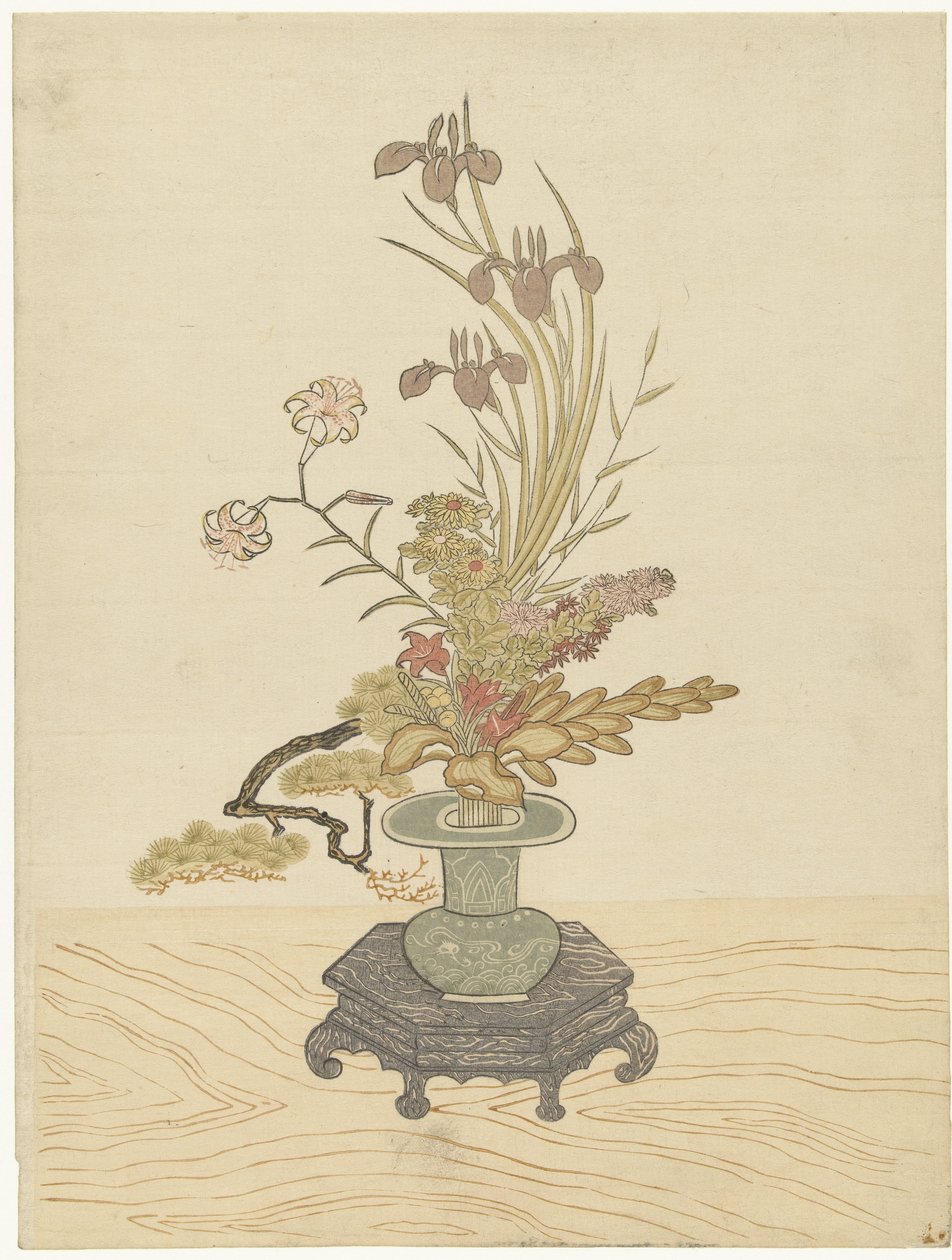 Ikebana blomsteroppsats i grønn vase av Ippitsusai Bunchô (manner of)