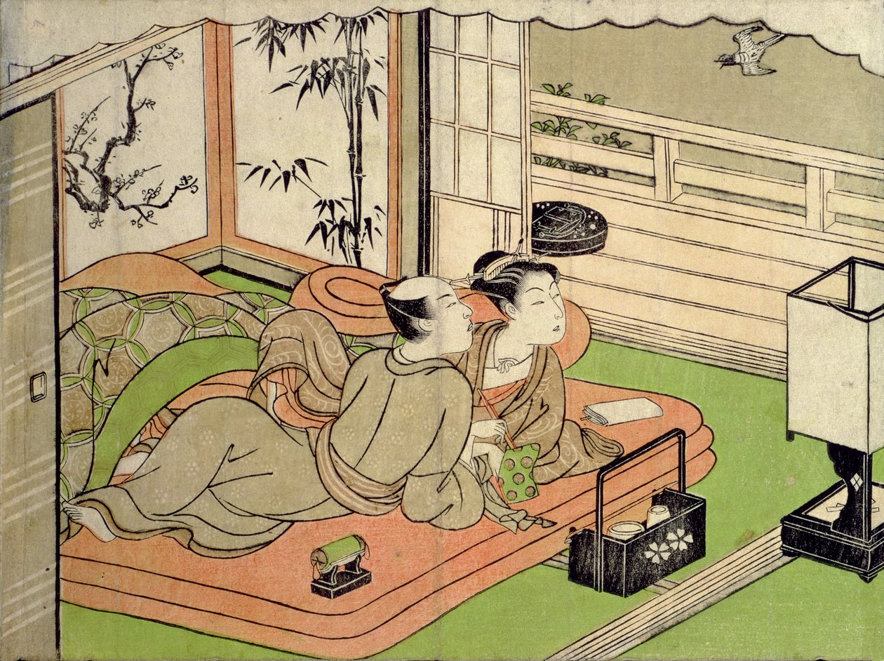Et «Shunga» (erotisk) trykk: elskende som lytter til en gjøk av Ippitsusai Buncho (1725–94) av Ippitsusai Buncho