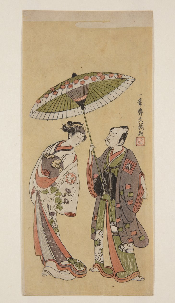 Skuespillere Ichikawa Yaoz? II som tau i J?r? og Segawa Kikunoj? II som Toraen (farget treblokktrykk) av Ippitsusai Bunchō