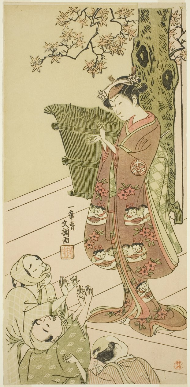 Skuespilleren Arashi Hinaji I, muligens som Yuya Gozen i stykket Ima o Sakari Suehiro Genji (The Genji Clan Now at Its Zenith), fremført på Nakamura Theatre fra den første dagen i den ellevte måneden, 1768 av Ippitsusai Bunchō