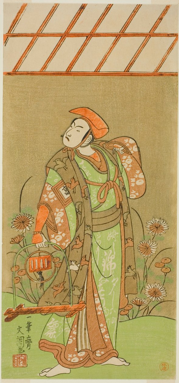 Skuespilleren Ichikawa Komazo II som Soga no Juro Sukenari forkledd som en revefanger i stykket Kagami-ga-ike Omokage Soga, fremført på Nakamura Theatre i den første måneden, 1770 av Ippitsusai Bunchō