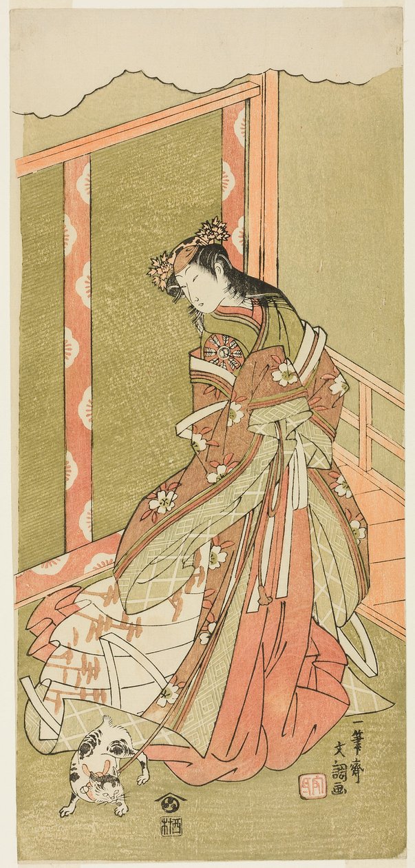 Skuespilleren Nakamura Noshio I som den tredje prinsessen (Nyosan no Miya) i stykket Fuki Kaete Tsuki mo Yoshiwara (Rethatched Roof: The Moon also Shines Over the Yoshiwara Pleasure District), fremført på Morita Theatre fra den første dagen av den ellevte  av Ippitsusai Bunchō
