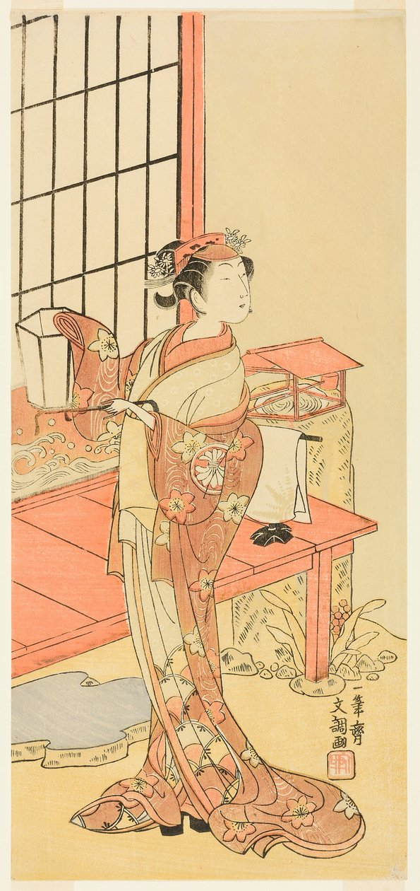 Skuespilleren Segawa Kikunojo II, muligens som prinsesse Ayaori i skuespillet Ima o Sakari Suehiro Genji (The Genji Clan Now at Its Zenith), fremført på Nakamura Theatre fra den første dagen i den ellevte måneden, 1768 av Ippitsusai Bunchō