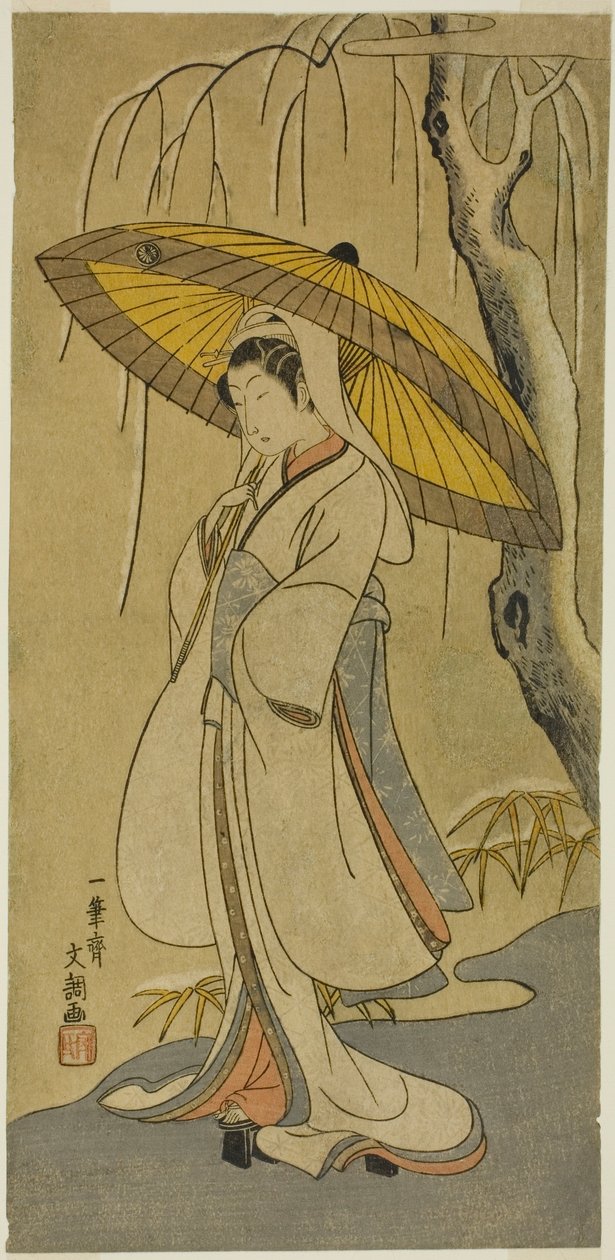 Skuespilleren Segawa Kikunojo II som Heron Maiden i stykket "Cotton Wadding of Izu Protecting the Matrimonial Chrysanthemums (Myoto-giku Izu no Kisewata)," fremført på Ichimura Theatre fra den første dagen i den ellevte måneden, 1770 av Ippitsusai Bunchō