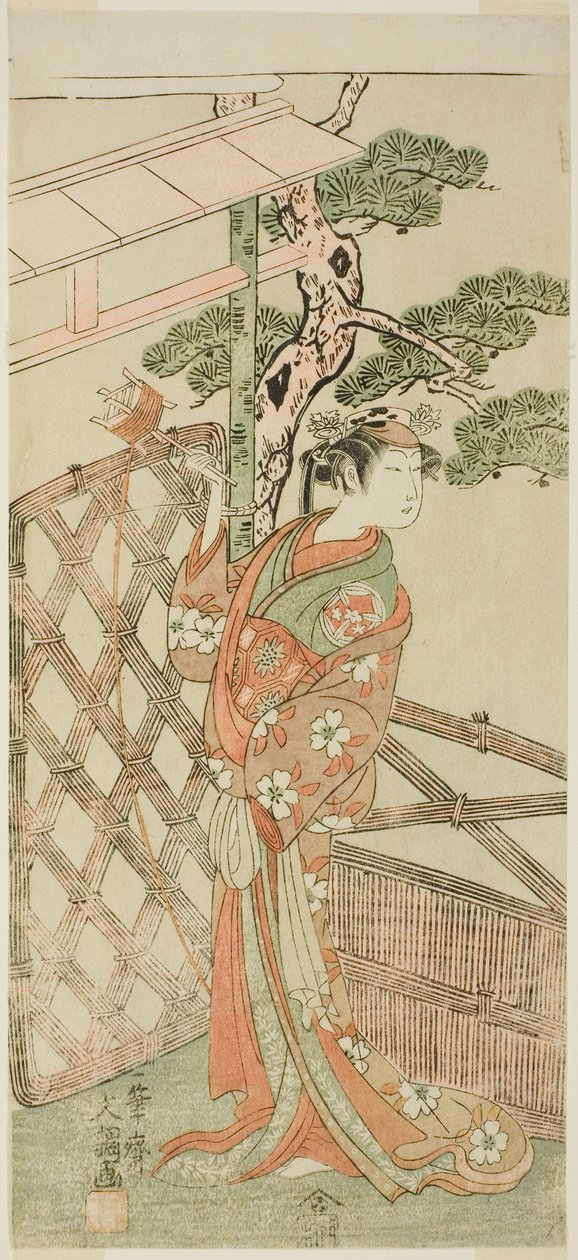 Skuespilleren Yamashita Kinsaku II som Moshio, kone til Ito Sukekiyo, i stykket Izu-goyomi Shibai no Ganjitsu, fremført på Morita Theatre i den ellevte måneden, 1772 av Ippitsusai Bunchō