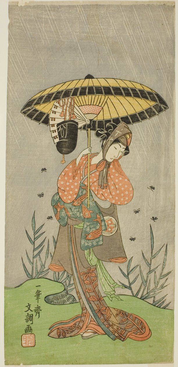 Skuespilleren Yamashita Kinsaku II som Nijo no Kisaki (?) i stykket Natsu Matsuri Naniwa Kagami (?), fremført på Morita Theatre (?) i den syvende måneden, 1770 (?) av Ippitsusai Bunchō