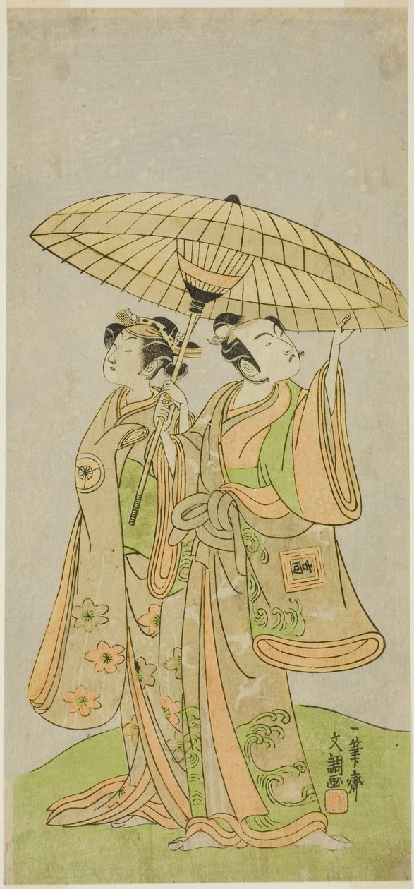 Skuespillerne Ichikawa Komazo II som Chunagon Yukihira (til høyre), og Iwai Hanshiro IV som Murasame (til venstre), i stykket Kuni no Hana Ono no Itsumoji, fremført på Nakamura Theatre i den ellevte måneden, 1771 av Ippitsusai Bunchō