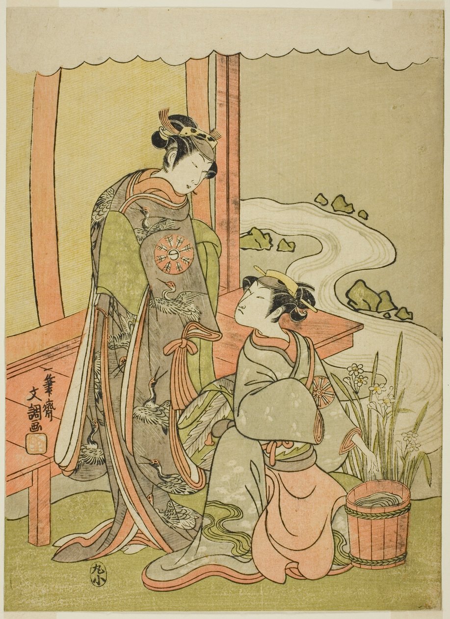 Skuespillerne Nakamura Tomijuro I som Enju forkledd som Shirbyoshi Gio (til høyre), og Nakamura Noshio I som Goo forkledd som Hotoke Gozen (til venstre), i stykket Miyako-zome Gio Katsugi, fremført på Morita Theatre i den ellevte måneden, 1770 av Ippitsusai Bunchō