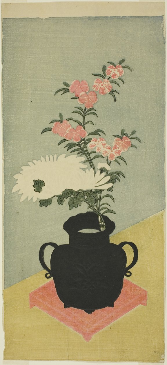 Hvite krysantemum og rosa i en svart vase av Ippitsusai Bunchō