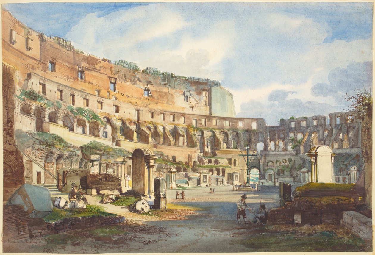 Interiør i Colosseum, akvarell og gouache over grafitt på vevd papir av Ippolito Caffi