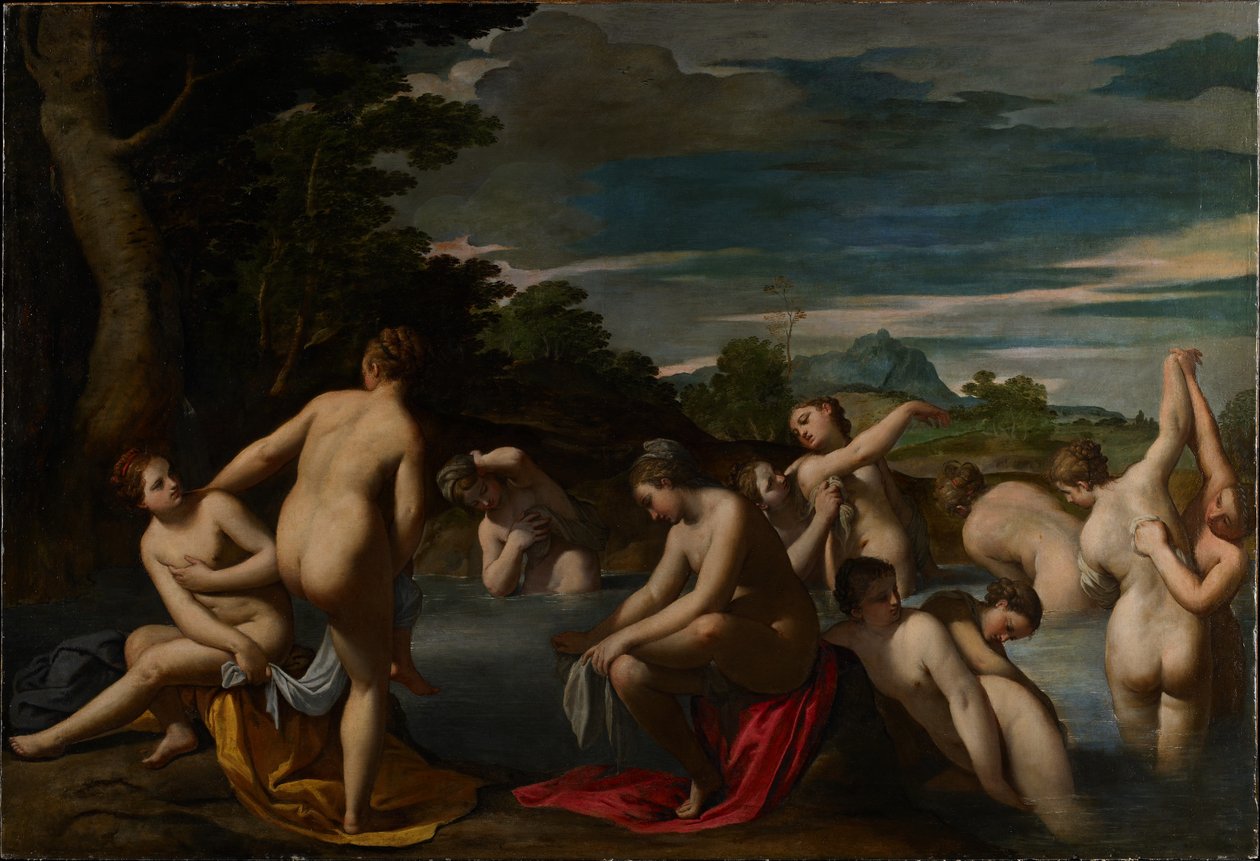 Nymfer ved badet, ca.1600 av Ippolito Scarsella