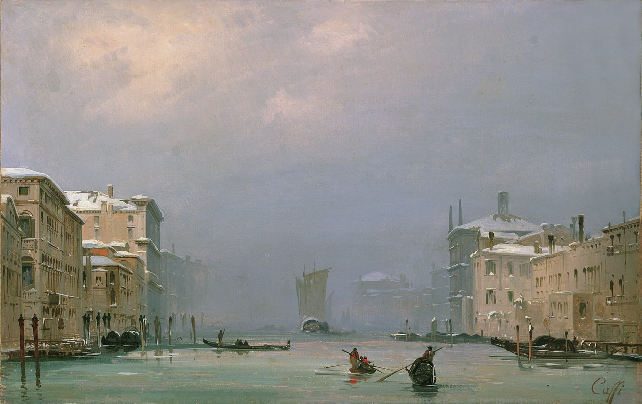 Canal Grande med snø og is, 1849 av Ippolito Caffi