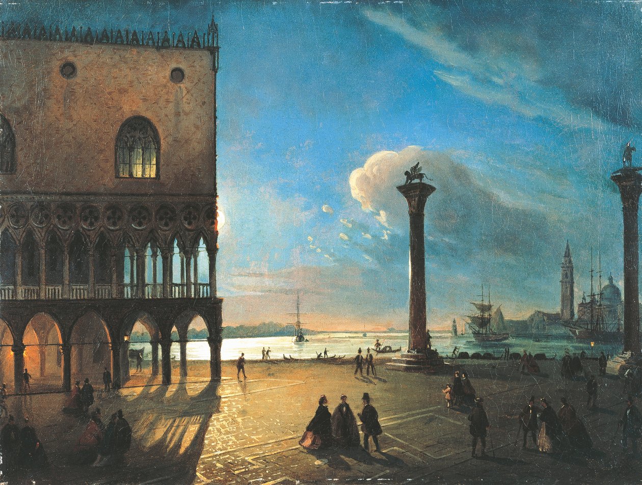 Piazzetta San Marco i måneskinn, Venezia, av Ippolito Caffi (1809-1866), olje på lerret, 52x70 cm av Ippolito Caffi