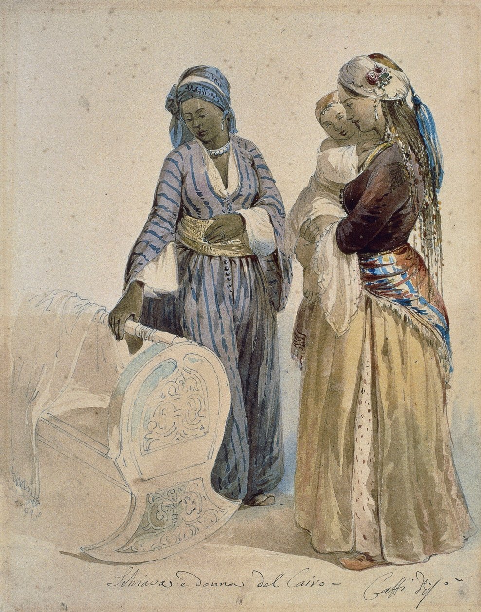 Slave og kvinne fra Kairo, akvarelltegning av Ippolito Caffi (1809-1866) av Ippolito Caffi