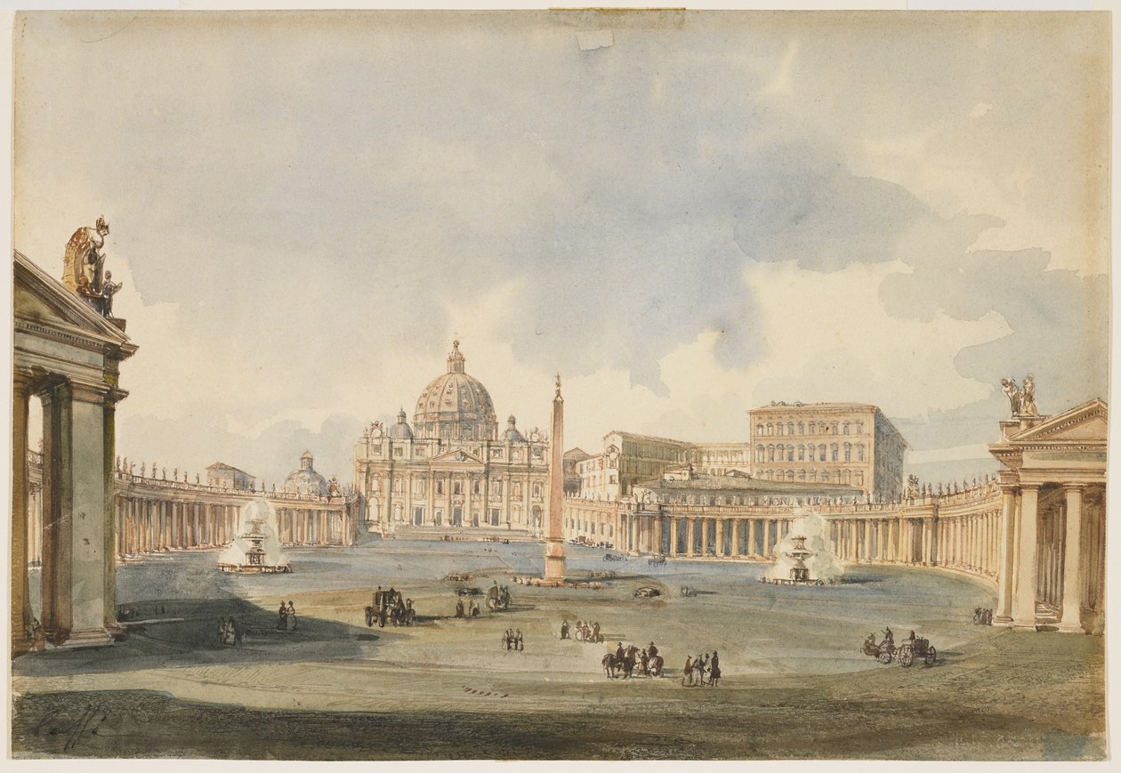 Utsikt over Petersplassen og basilikaen i Roma, ca. 1846 av Ippolito Caffi