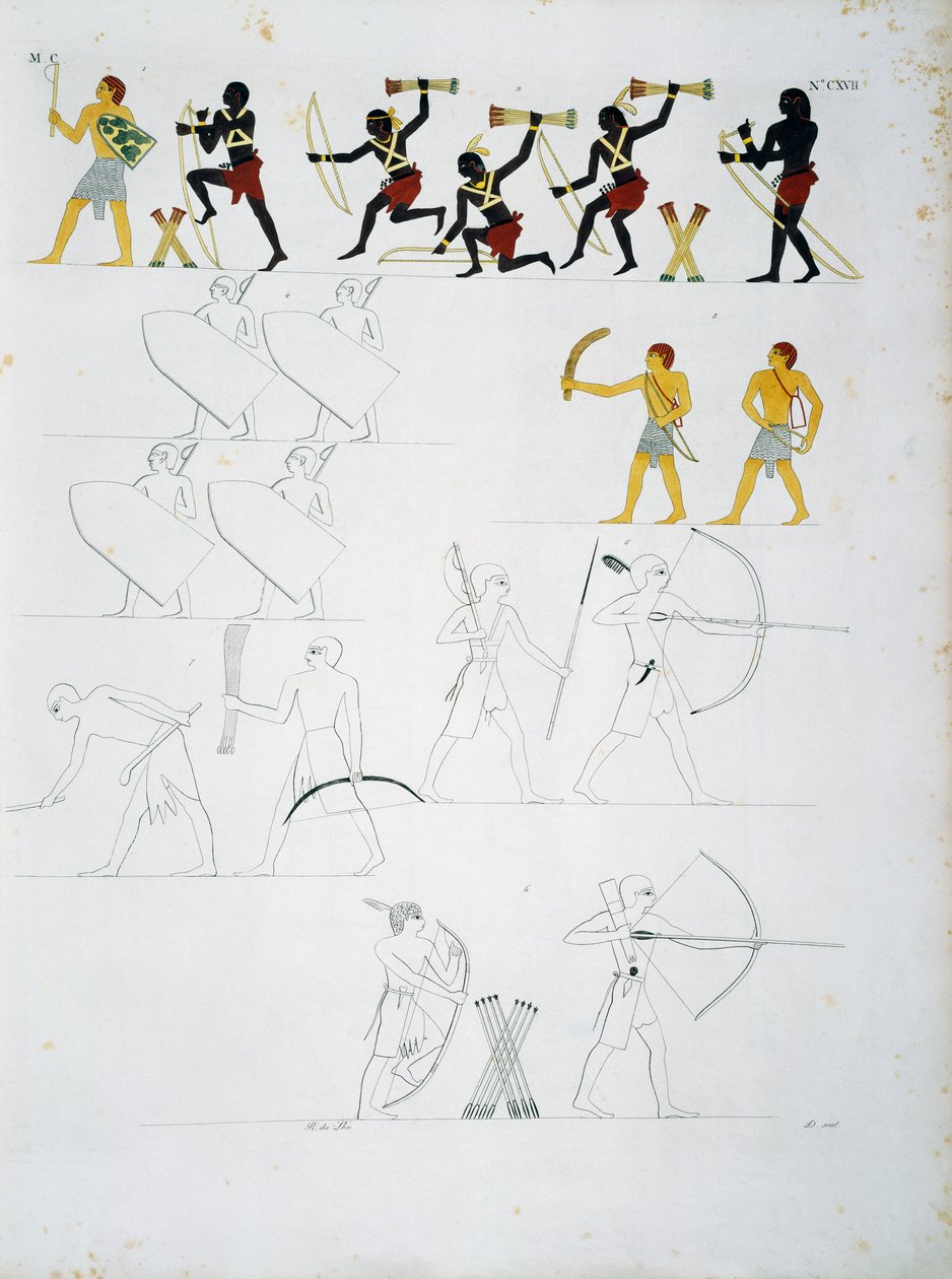 Militære scener, soldater med buer og piler, fra gravene til Beni Hasan, plate CXVIII, fra monumenter i Egypt og Nubia: sivile monumenter av Ippolito Rosellini