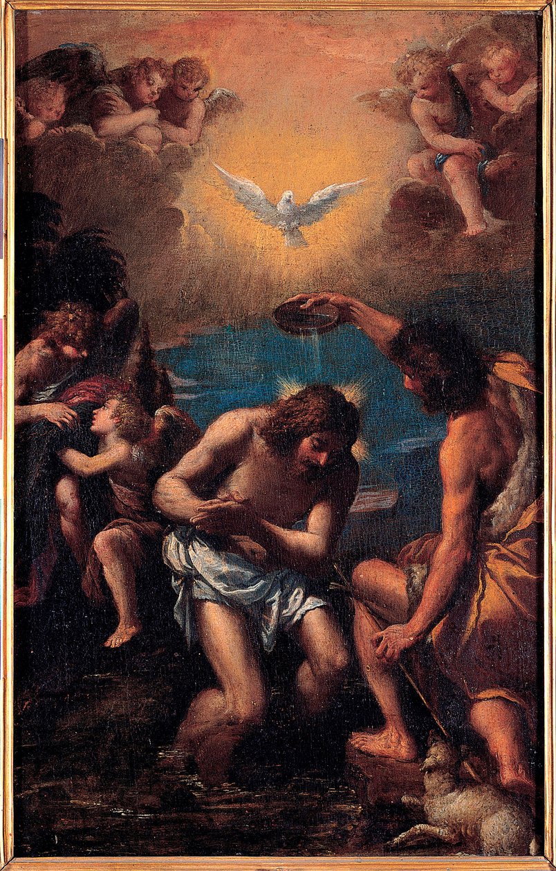 Kristi dåp - Døperen Johannes døper Jesus Kristus med vannet i Jordan med, over dem, Den Hellige Ånds due (Den Hellige Ånd) - Kristi dåp - Maleri av Ippolito Scarsellino (Scarsella) (1551- 1620) ), Olje på tre 1585- av Ippolito Scarcella