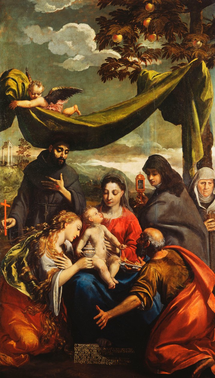 Madonnaen og barnet med de hellige Maria Magdalena, Peter, Clare og Frans og et portrett av abbedissen av Ippolito Scarsella