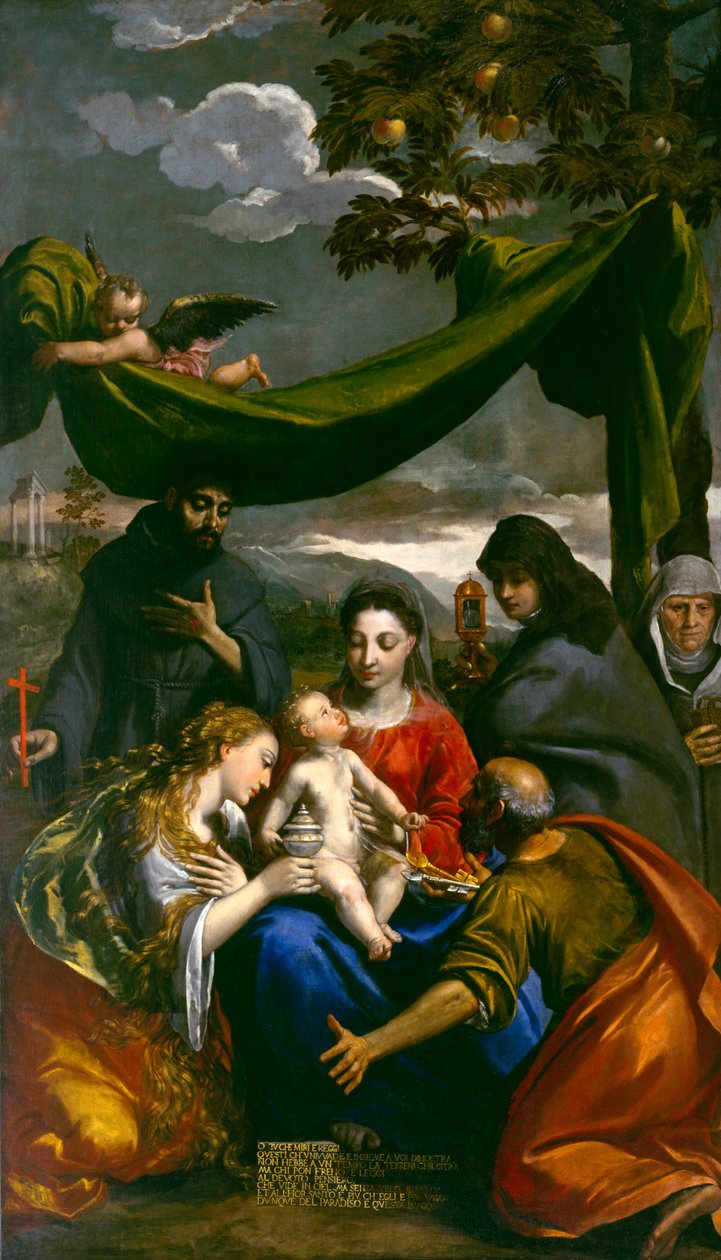 Jomfru og barn med de hellige Maria Magdalena, Peter, Klara, Frans og en abbedisse, ca. 1600 av Ippolito Scarsella