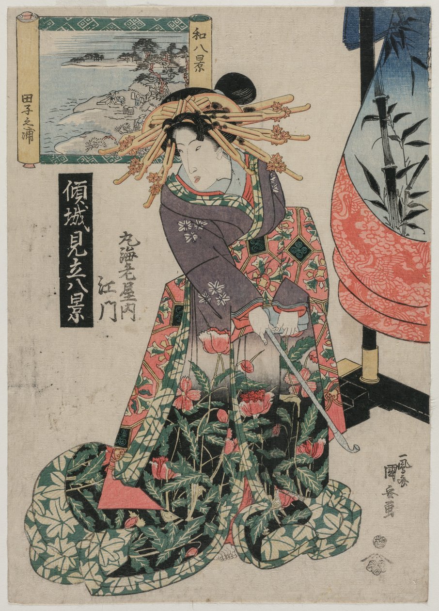 Courtesan Emon fra Maruebiya med utsikt over Tago Bay..., ca. slutten av 1820-tallet eller begynnelsen av 1830-årene. av Ipposai Kuniyasu