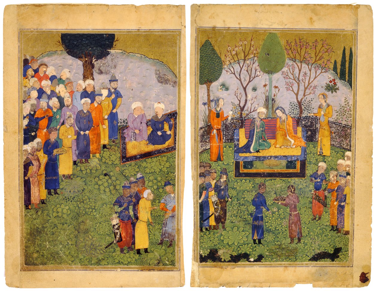 Et fyrstelig par med hoffmenn i en hage. Fra Shahnama Book of Kings av Iranian Master
