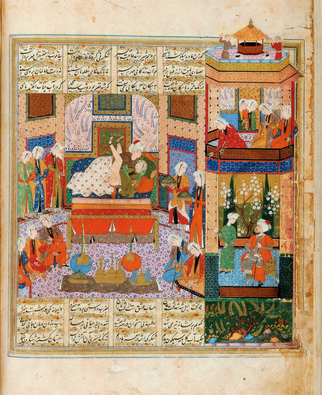 Fullføringen av ekteskapet mellom Khusraw og Shirin miniatyr fra syklusen til åtte poeti av Iranian Master