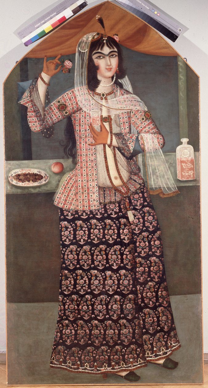 Kvinne som holder en rose, tidlig på 1800-tallet. av Iranian Master