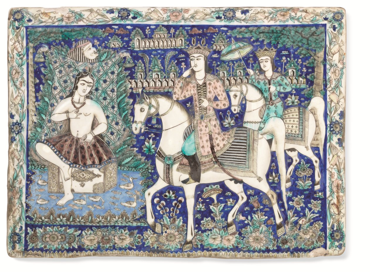 En stor Qajar støpt og glasert flis, Qajar Iran av Iranian School