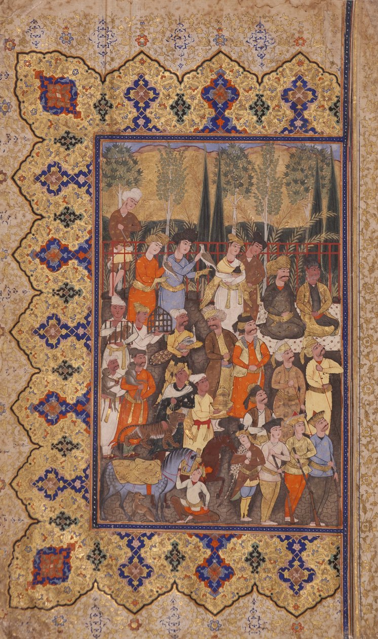 Enthronement of Luhrasp (ugjennomsiktig wc og gull på papir) av Iranian School