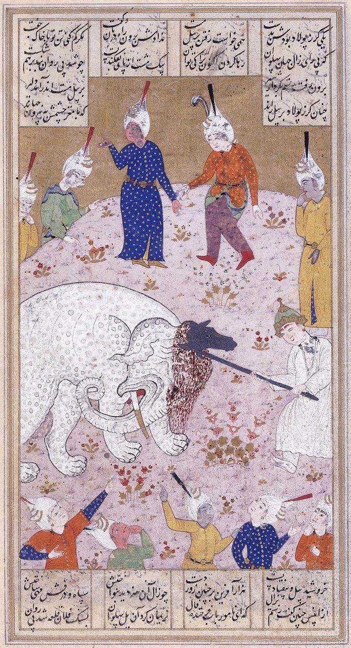 Den unge Rustem som dreper den hvite elefanten, ca. 1545 av Iranian School