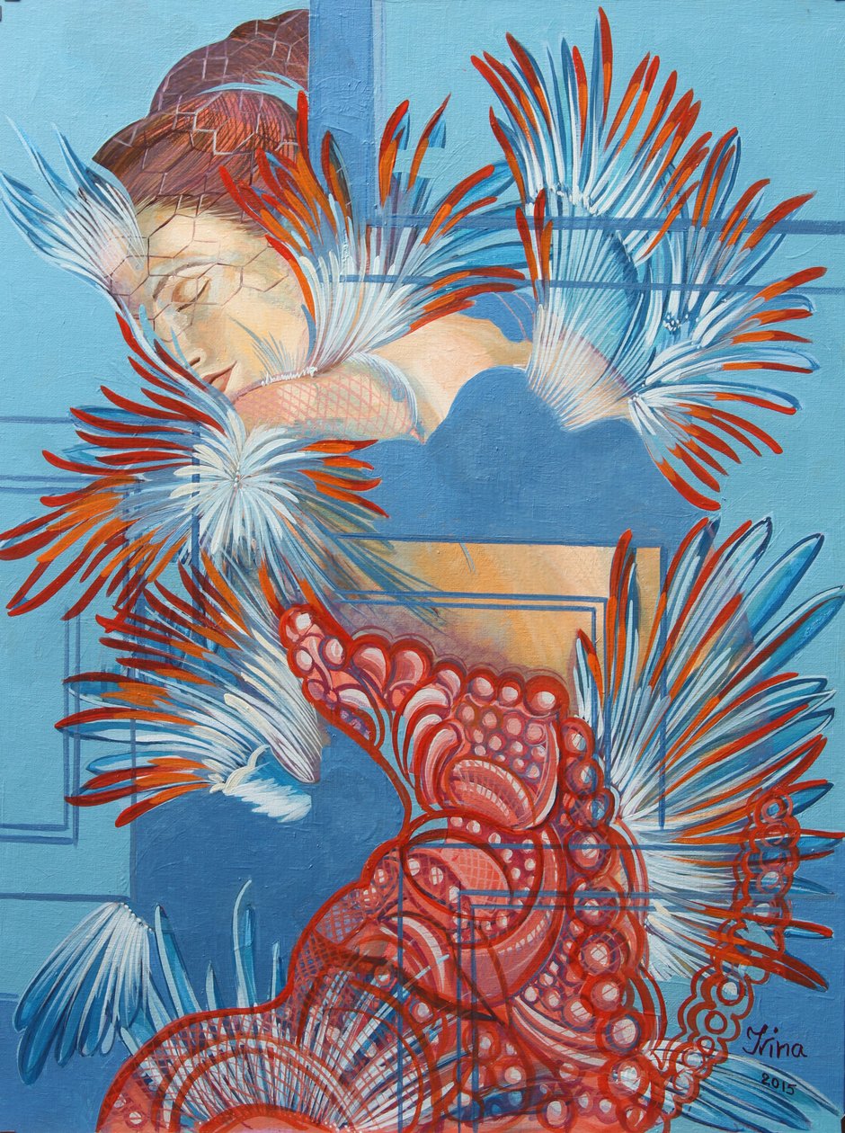 Rød kjole og chickadees, 2015 av Irina Corduban