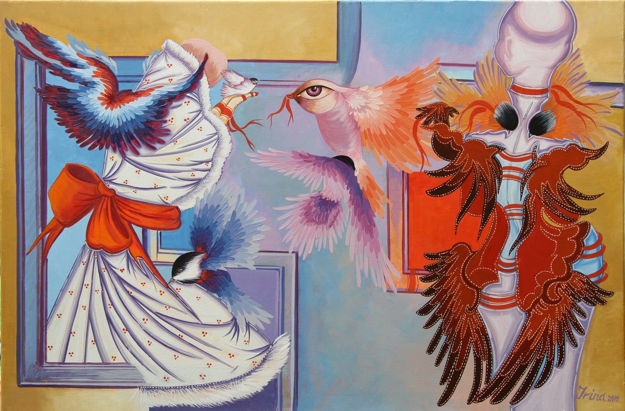 Red Ribbon and Chickadees, 2015 av Irina Corduban